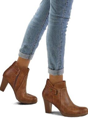 Women's Chunky Stacked Heel Ankle Boots Zipper Buckle Booties
